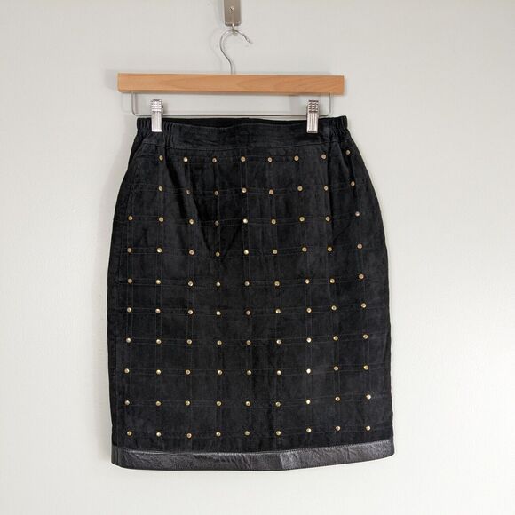 Vintage Suede Pencil Skirt Short Leather Studded 80S 90S Quilted Black Gold 8 - Picture 1 of 12